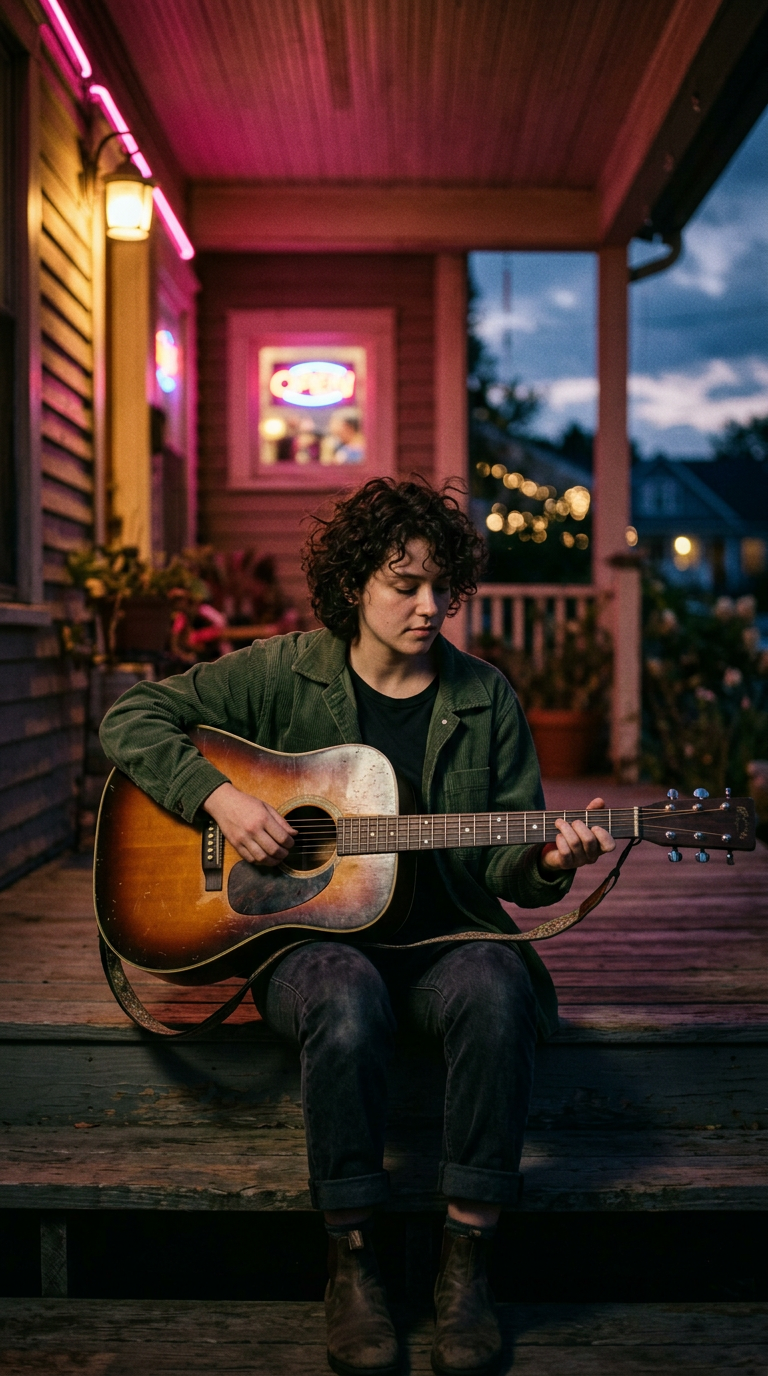 Sample frame from a music video: a singer-songwriter on a porch step at dusk with an acoustic guitar