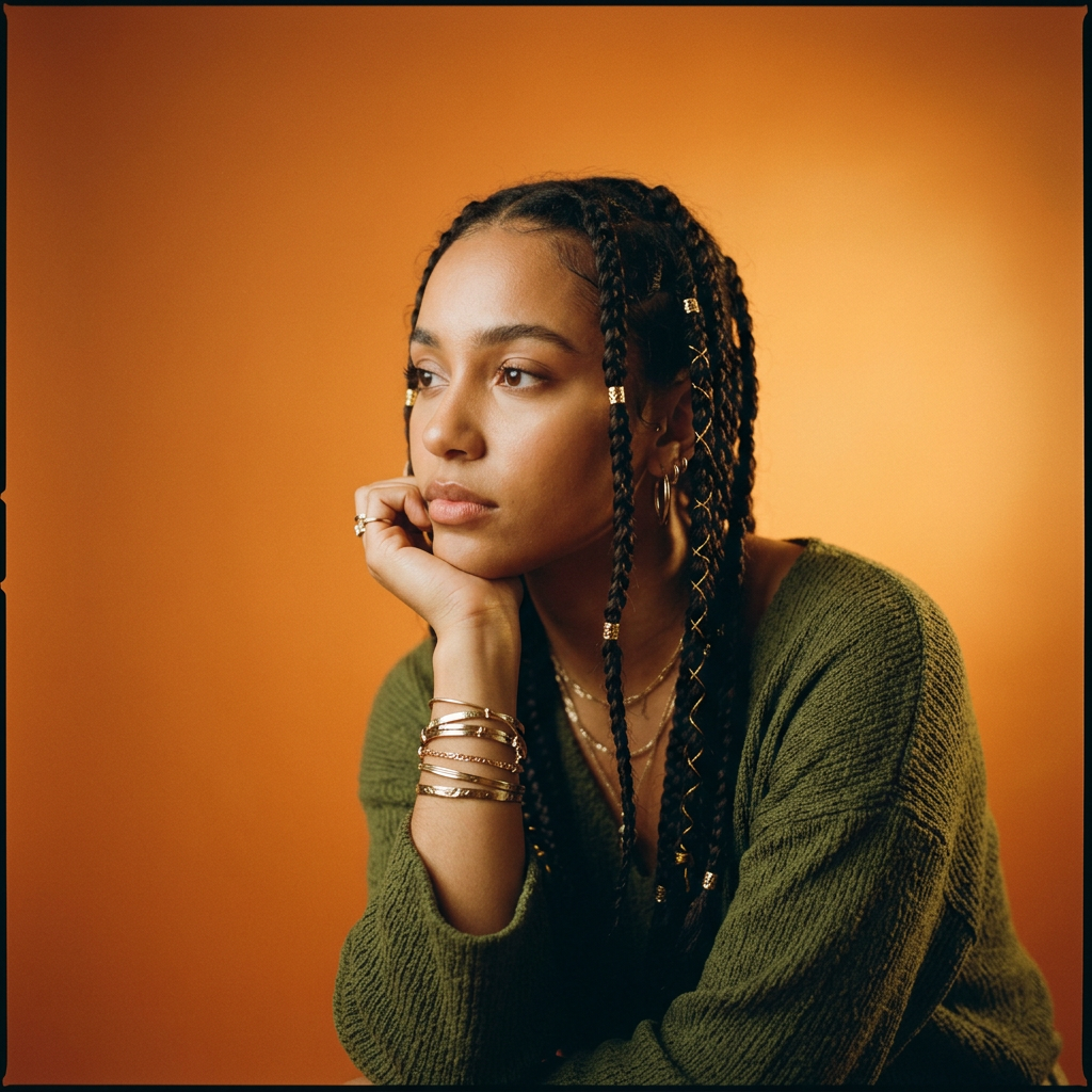 Sample scene: a woman with braided hair resting her chin on her hand against an orange backdrop